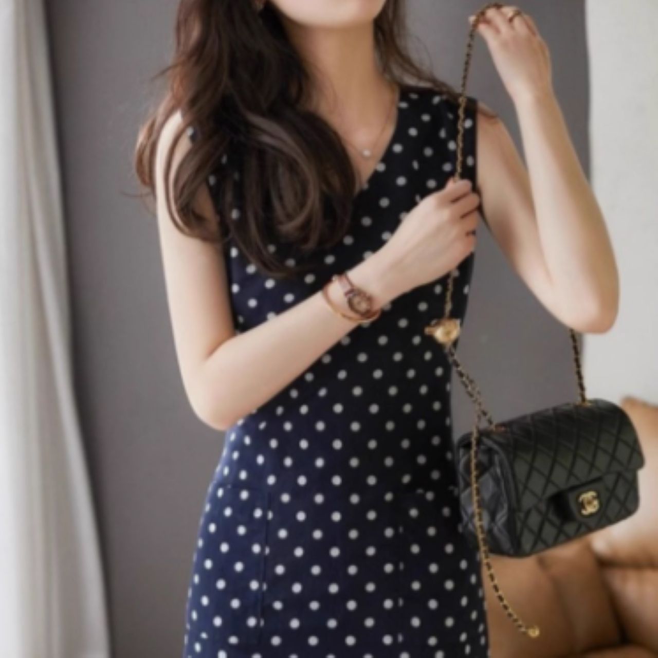 骨格ウェーブ ノースリーブ ドットリボン ワンピース